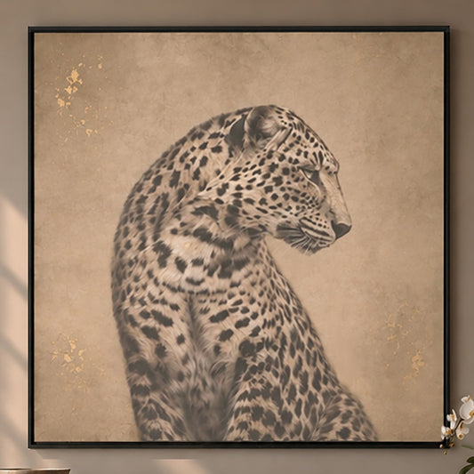 A close-up of a leopard's head and body, with its distinctive spotted fur, is the central focus of the image.