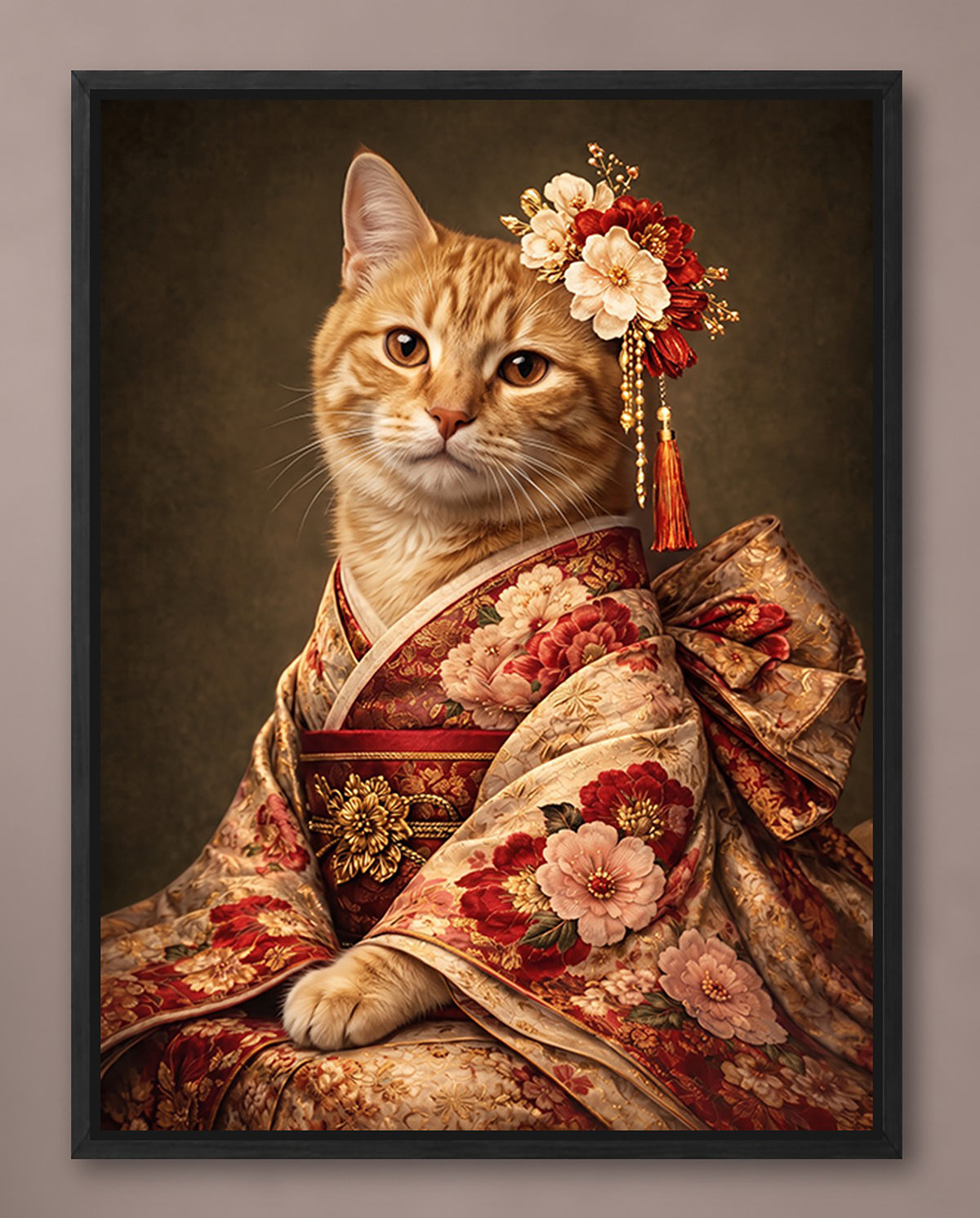 A cat wearing a traditional Japanese kimono with a floral headpiece, posing for a portrait.