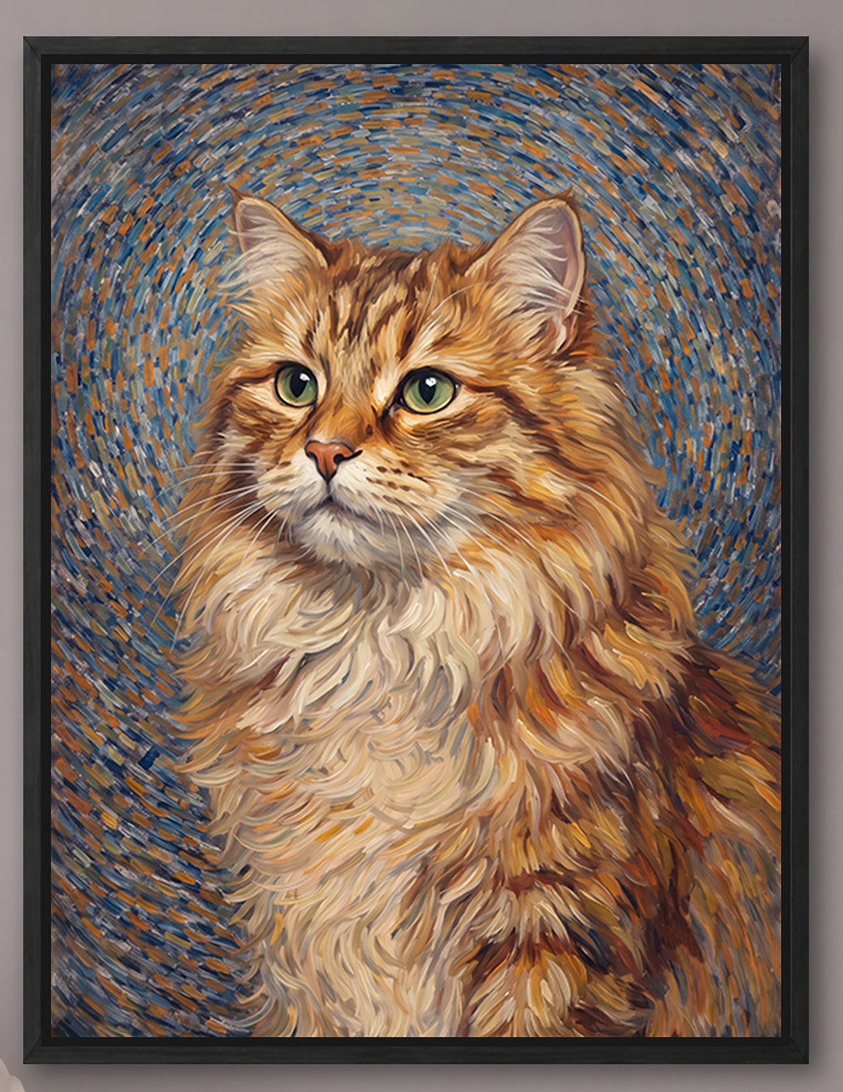 The image is a painting of a fluffy orange cat with green eyes, set against a background of swirling colors.