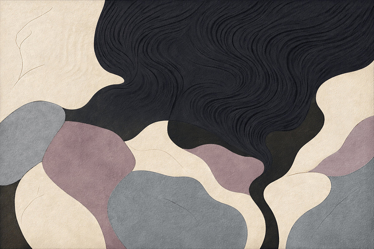 Blush, cream, grey and charcoal Wabi Sabi inspired textured abstract artwork with organic flowing forms