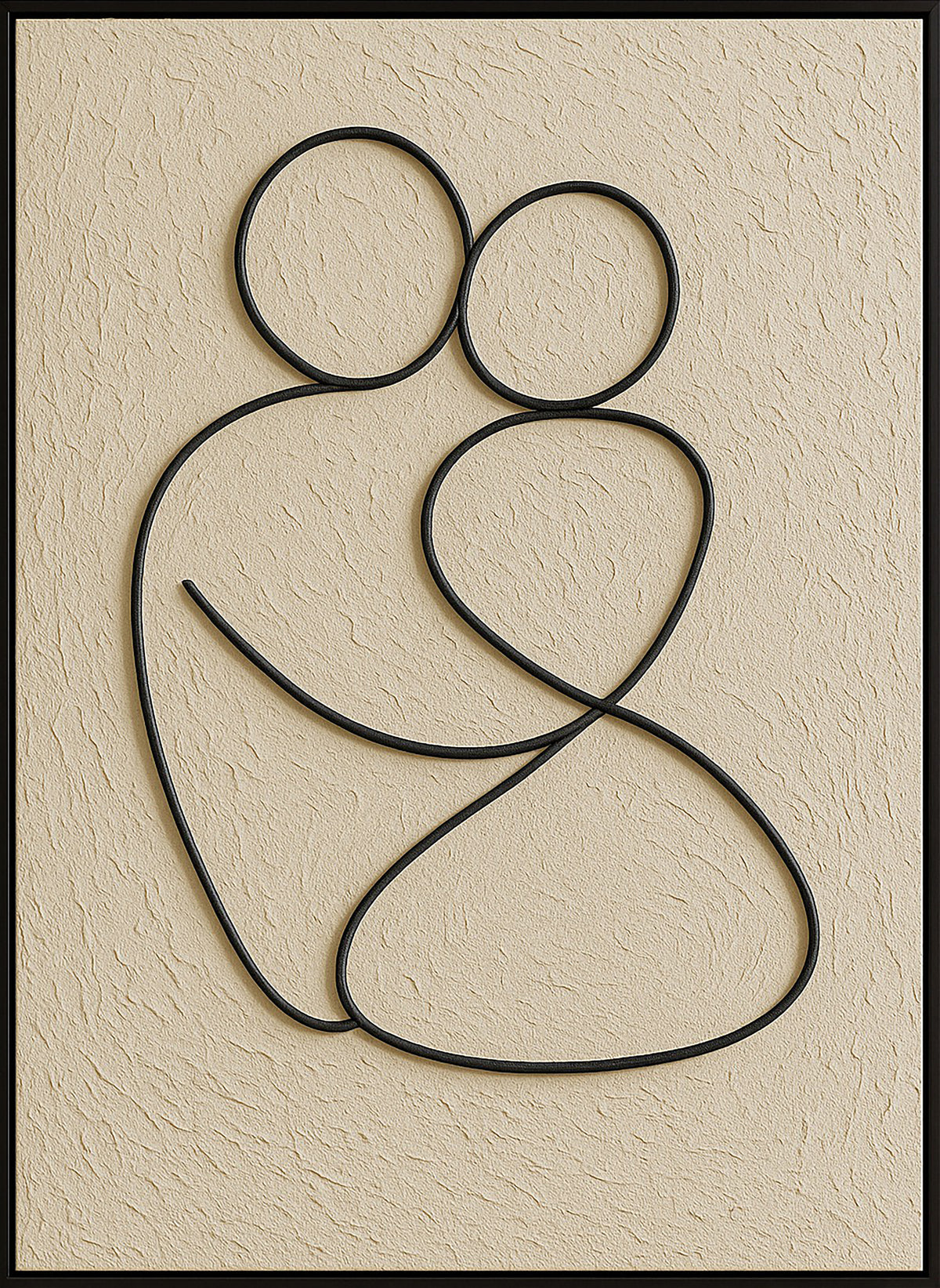 The Embrace original textured abstract wall art with two embracing figures in black linework and warm neutral tones