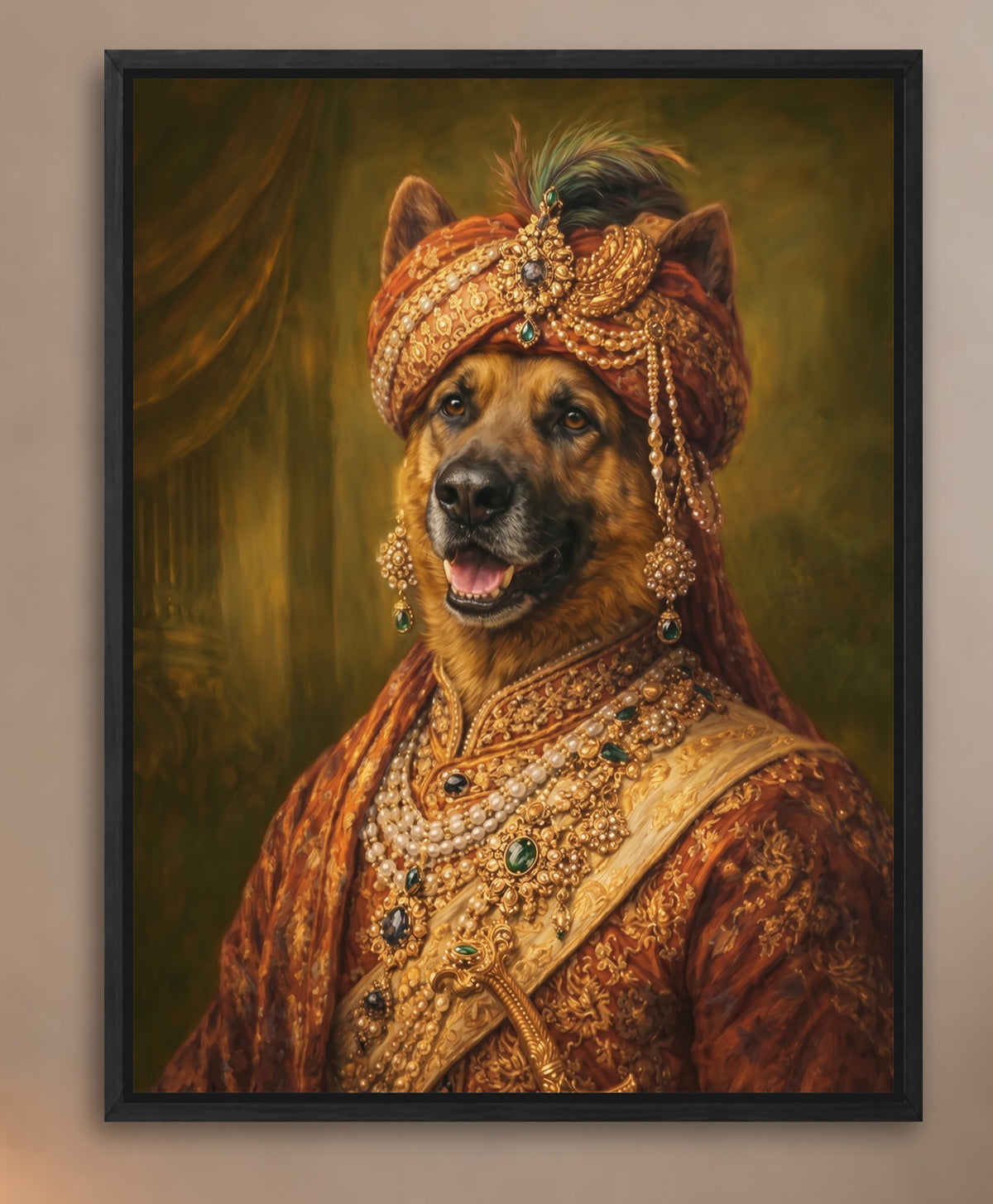 A German Shepherd dog wearing an ornate, golden outfit with a headdress and jewelry, giving it a regal appearance.