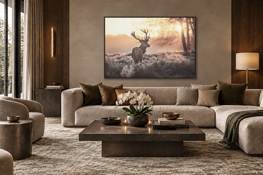 a serene living room with a large painting of a deer in a snowy forest scene hanging on the wall. The room is furnished with a sofa, a coffee table, and a lamp, creating a cozy and inviting atmosphere.