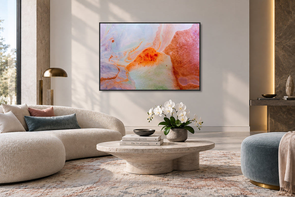 Abstract metal wall art in blush lavender coral orange and pale blue with organic fluid patterns and black floater frame