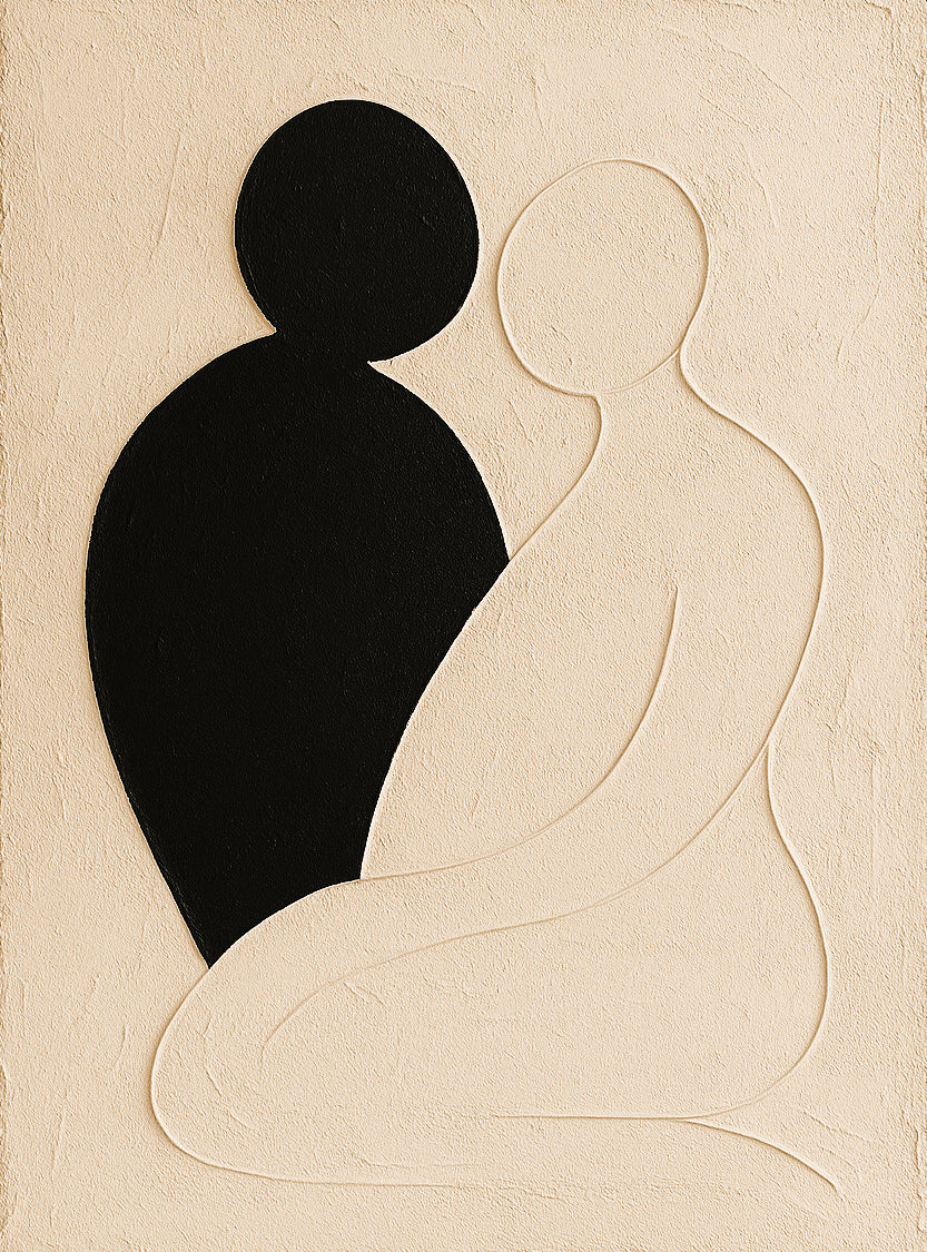 The image is a minimalist abstract artwork featuring two stylized human figures, one in black and one in white, set against a light beige background.