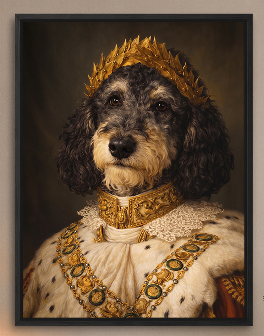 A portrait of a dog wearing a regal crown and ornate clothing, giving the impression of a royal or king.