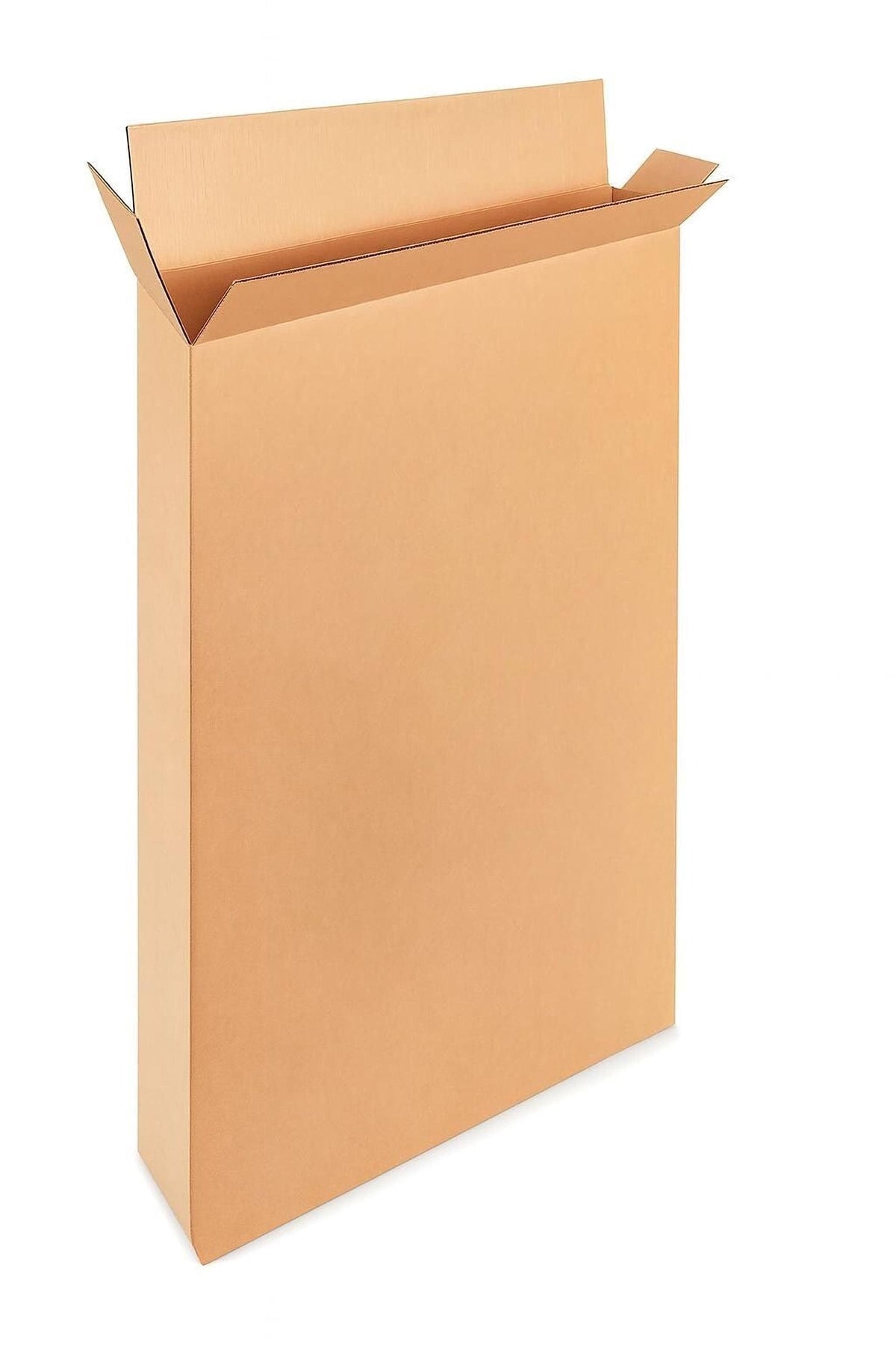 A packaging cardboard box, standing upright against a white background.