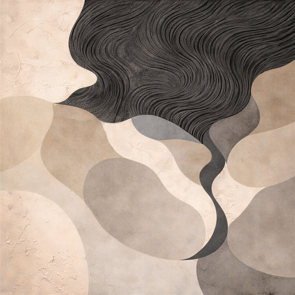 The image is an abstract artwork with a mix of black, gray, and beige colors. It features a large, wavy shape in black and gray, with a smaller, curved shape in beige. The overall composition is visually striking and minimalist.