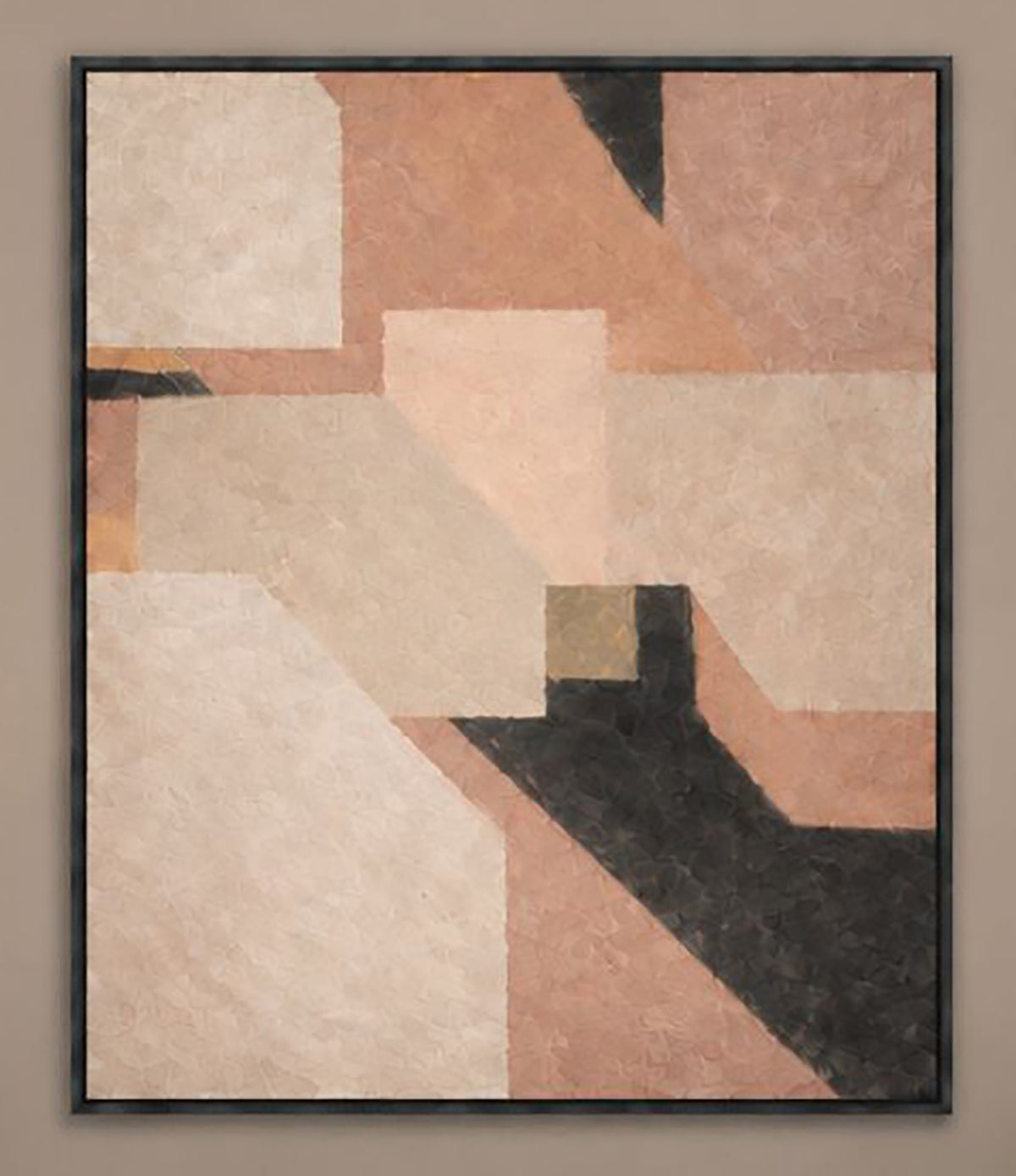 The image is a framed abstract painting featuring a geometric design with various shades of pink, black, and white.