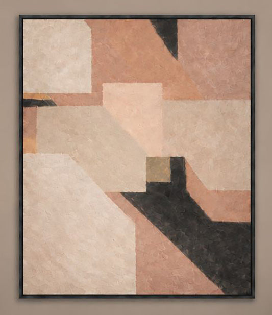 The image is a framed abstract painting featuring a geometric design with various shades of pink, black, and white.