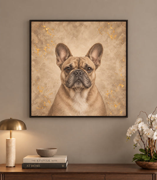 a large framed picture of a brown dog with a serious expression, hanging on a wall above a wooden table with a lamp and a stack of books.