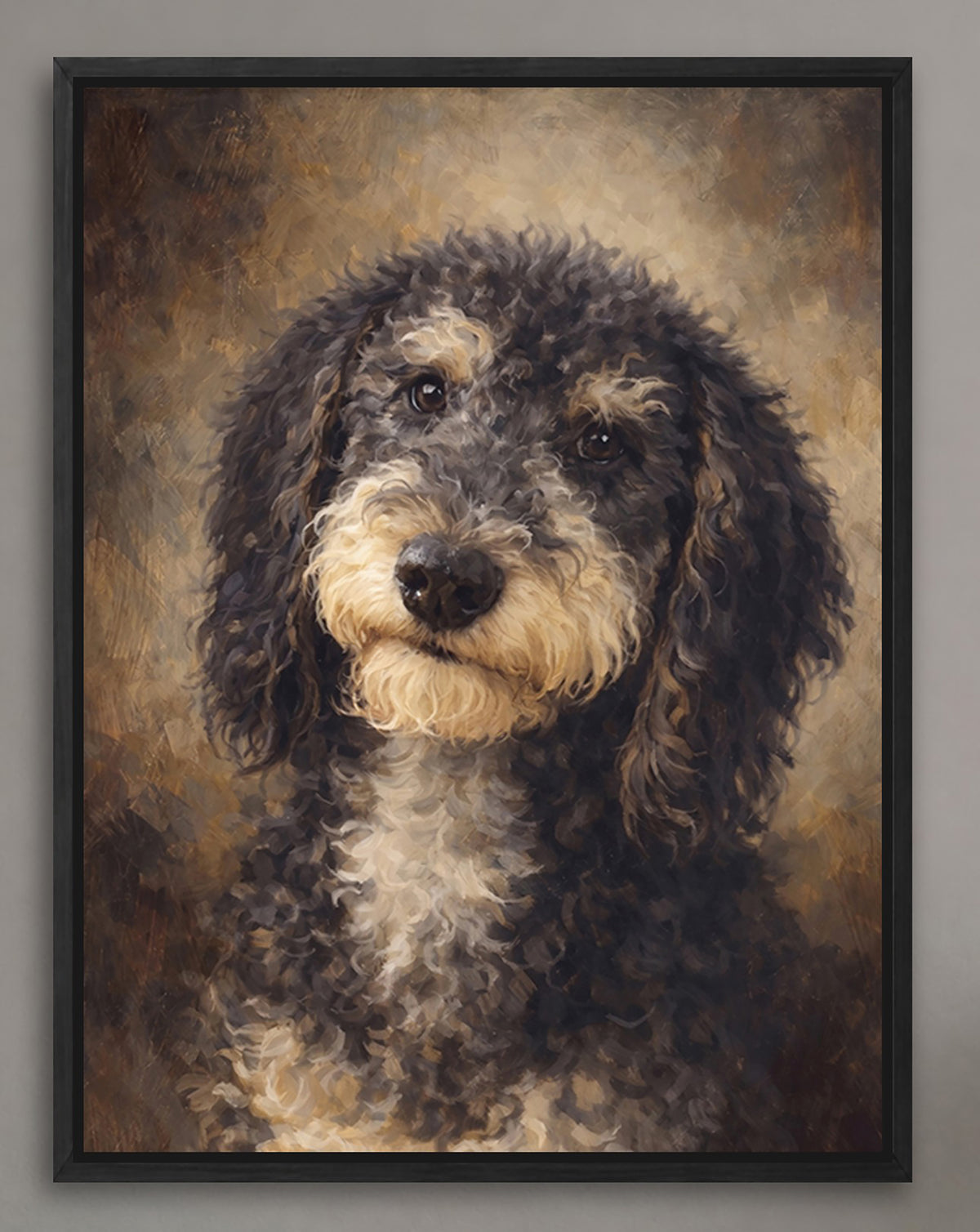A close-up portrait of a curly-haired dog with a friendly expression, set against a warm, textured background.