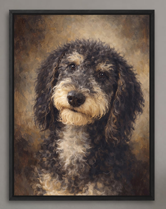 A close-up portrait of a curly-haired dog with a friendly expression, set against a warm, textured background.