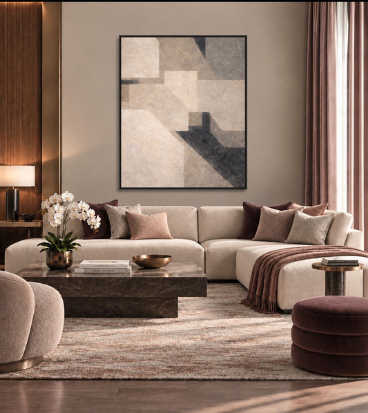 abstract painting featuring a geometric pattern of various shades of gray and beige.