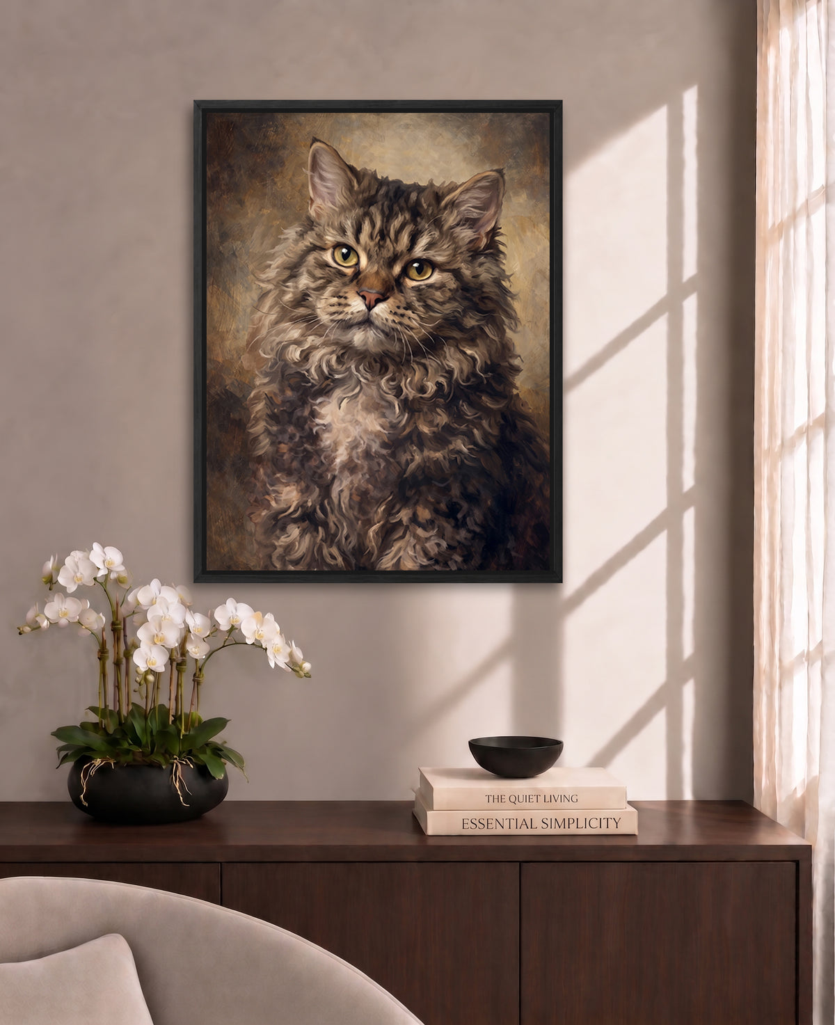 a large painting of a fluffy cat hanging on a wall above a wooden cabinet. The cabinet has a vase of white flowers and a stack of books on top.