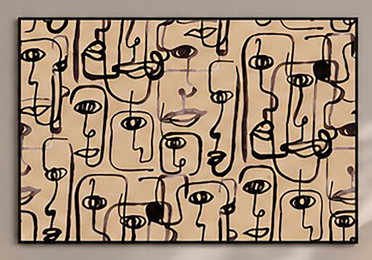 The image is a framed artwork featuring abstract, stylized human faces in various poses and expressions.