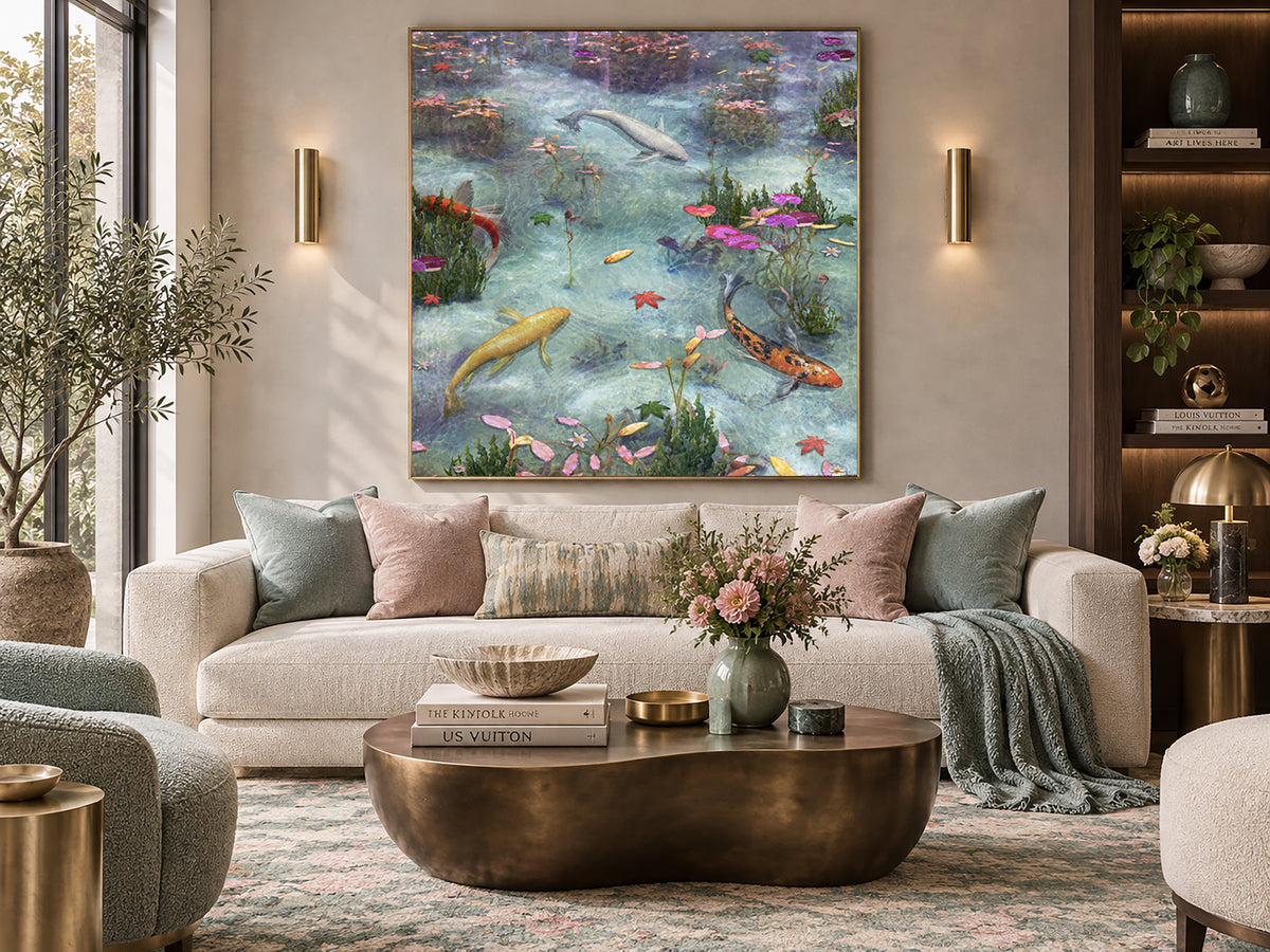 a luxurious living room with a large, colorful painting of fish swimming in a pond hanging on the wall above a beige sofa. The room is decorated with various pieces of furniture, including a coffee table, a side table, and a bookshelf. The overall atmosphere of the room is elegant and sophisticated, with a harmonious blend of natural elements and modern design elements.