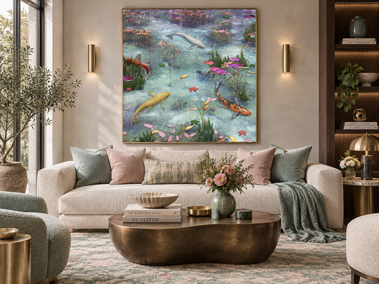 a luxurious living room with a large, colorful painting of fish swimming in a pond hanging on the wall above a beige sofa. The room is decorated with various pieces of furniture, including a coffee table, a side table, and a bookshelf. The overall atmosphere of the room is elegant and sophisticated, with a harmonious blend of natural elements and modern design elements.