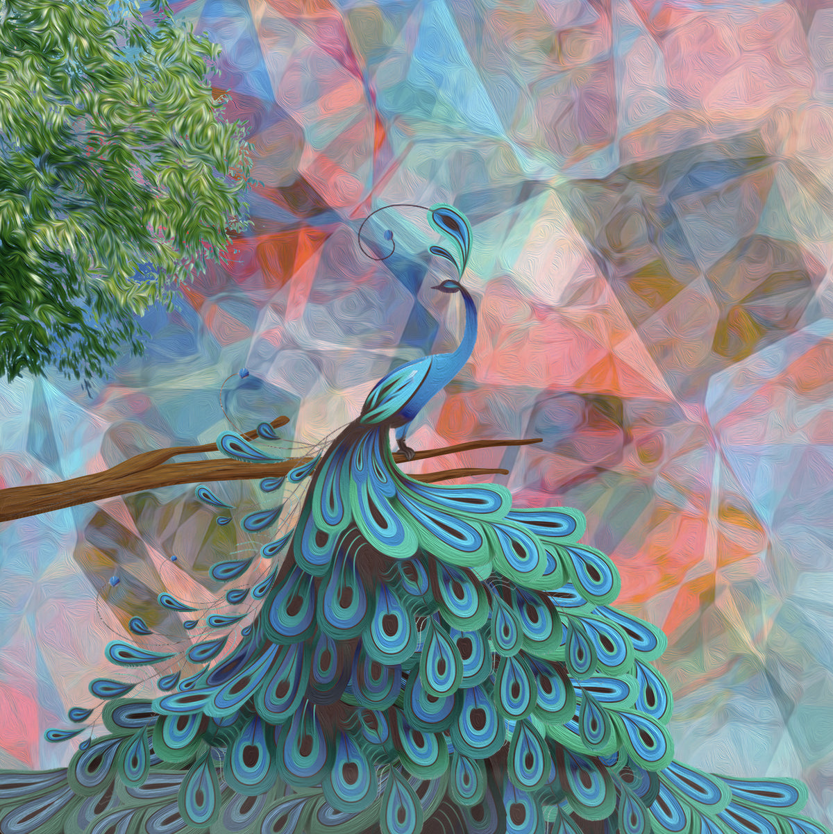 A vibrant digital illustration depicting a peacock with its stunning blue and green feathers spread out, perched on a branch with a tree in the background.