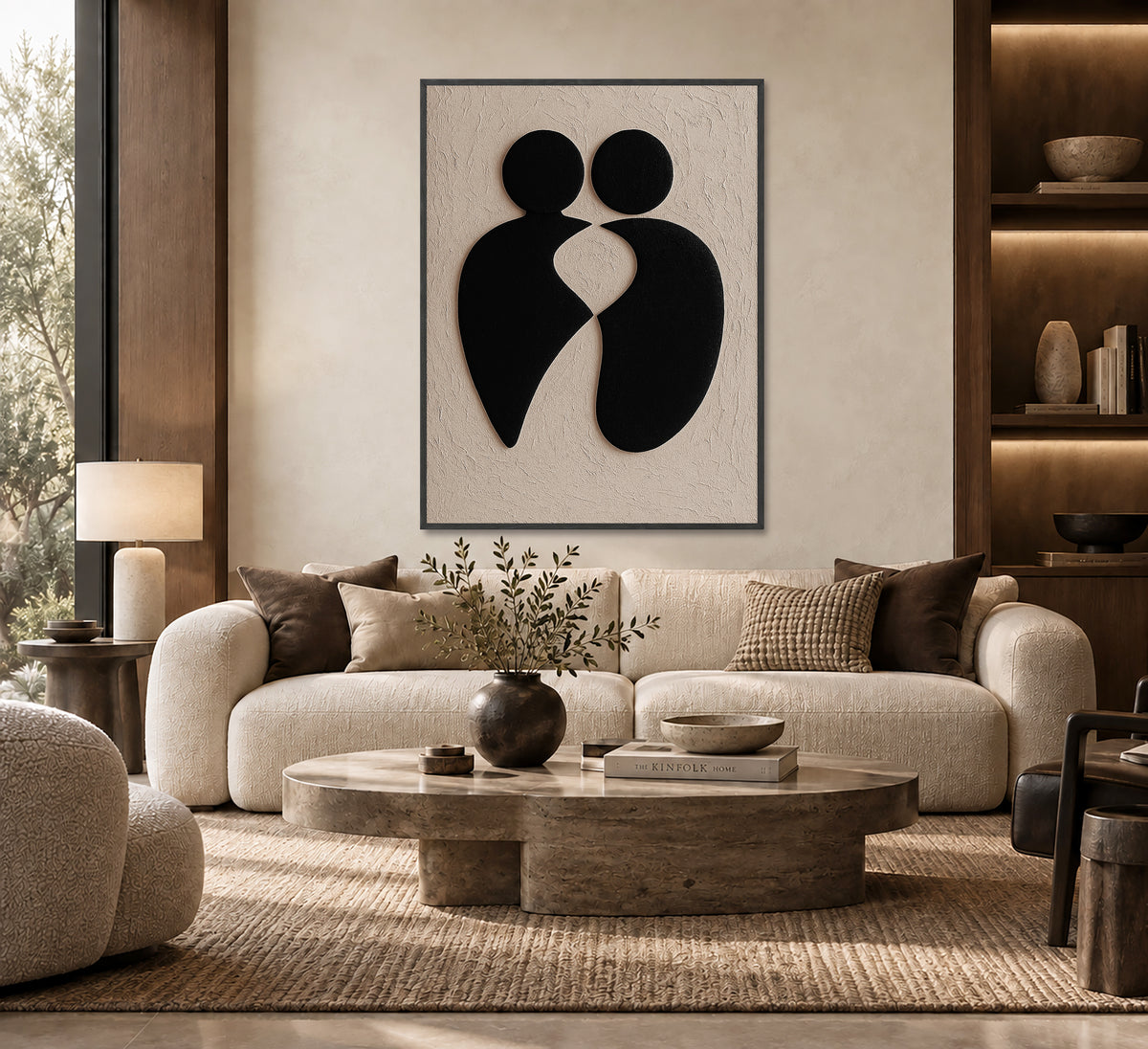 a modern living room with a large abstract painting on the wall, a white sofa, a wooden coffee table, and a bookshelf.