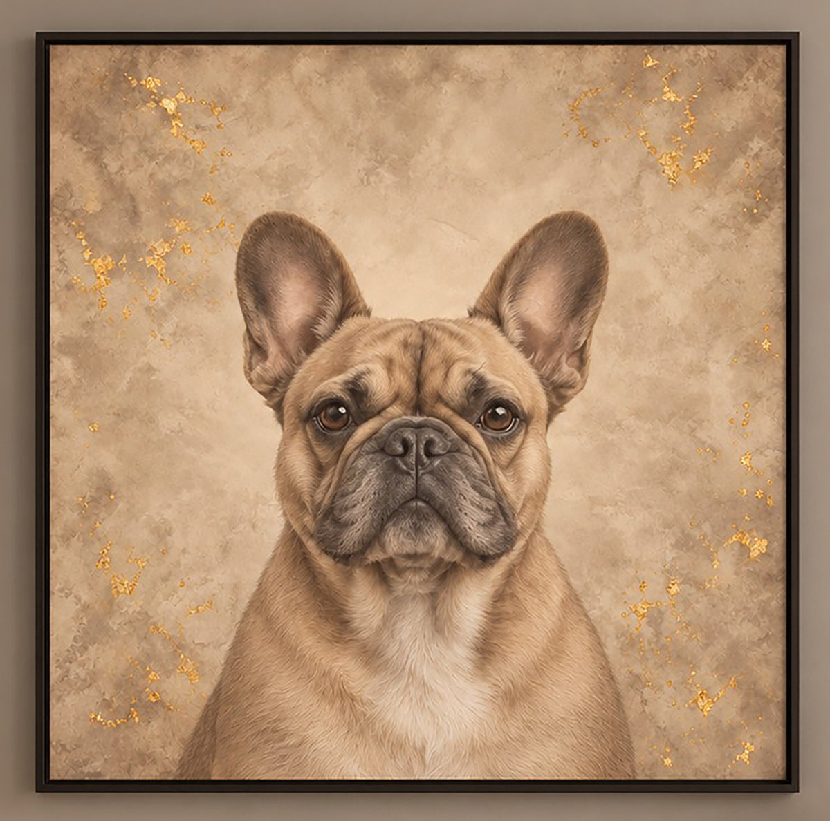 Custom Sandstone pet portrait with warm neutral background and black floater frame, available on canvas or matte metal with hand-finished detailing.