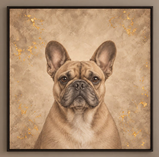 Custom Sandstone pet portrait with warm neutral background and black floater frame, available on canvas or matte metal with hand-finished detailing.