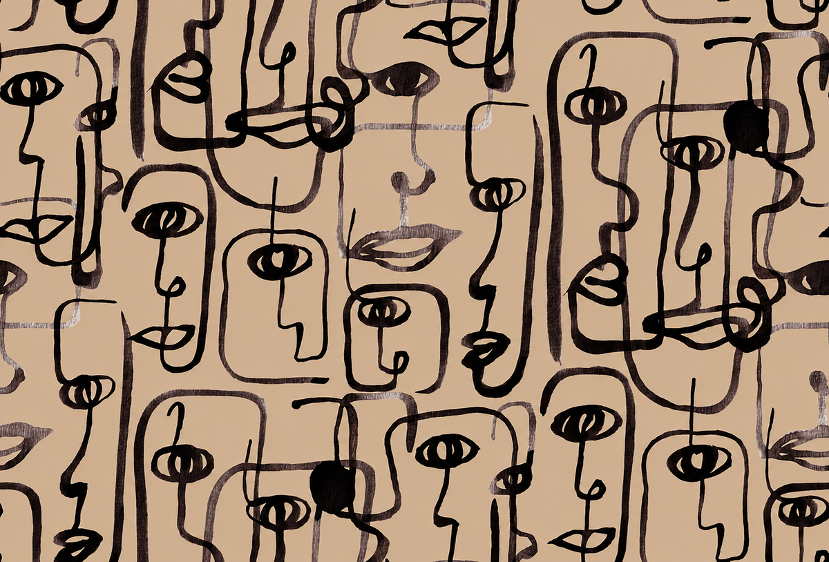 a repeating pattern of abstract black lines and shapes that resemble faces or human-like forms. The pattern is composed of various lines and curves, creating a visually striking and dynamic design.