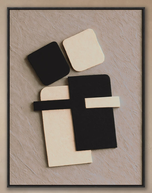 The image is a framed artwork featuring abstract geometric shapes in black and white.