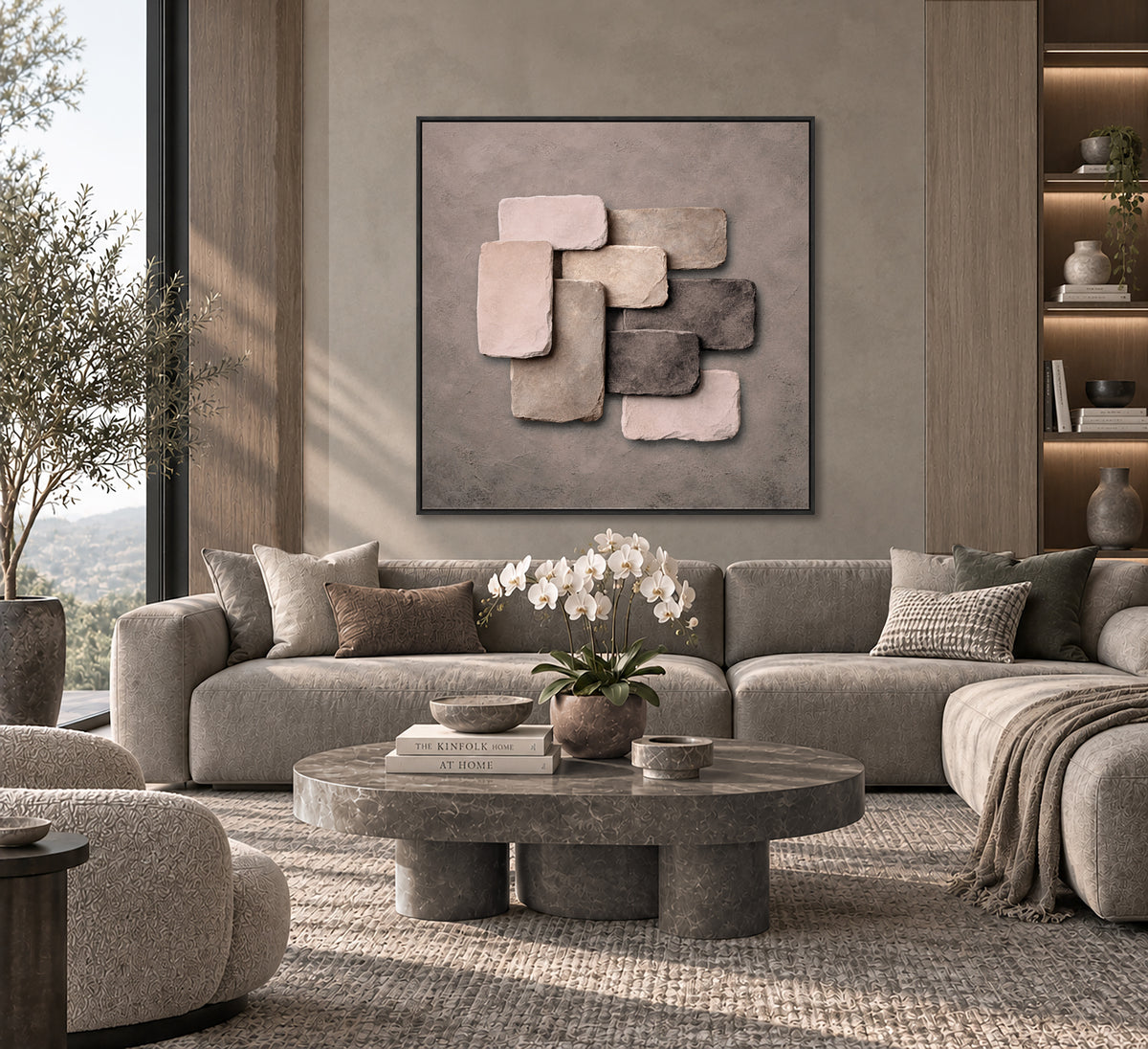 a modern living room with a large abstract painting on the wall, a round coffee table with a vase of white flowers, and a sectional sofa with throw pillows.