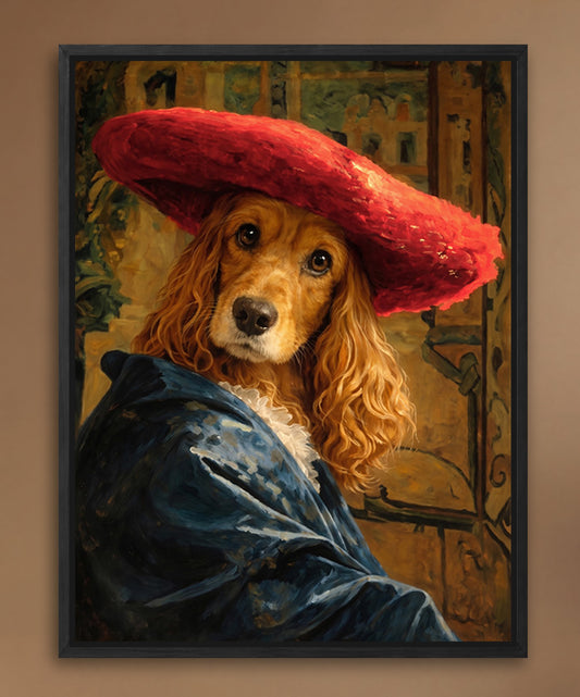 A dog wearing a red hat and a blue coat, with a pensive expression on its face.