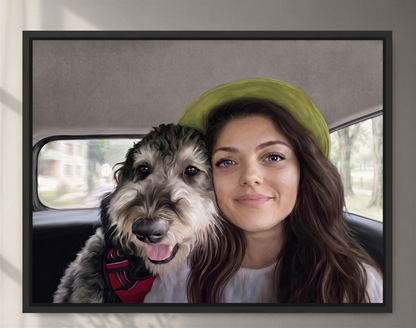 A woman with long brown hair and a green hat is smiling and posing with a large, fluffy dog in the back seat of a car.