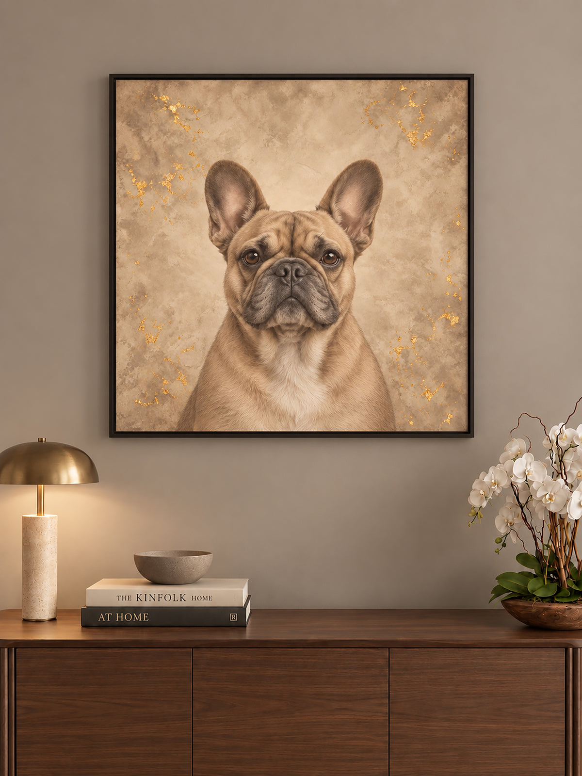 Custom Sandstone pet portrait with warm neutral background and black floater frame, available on canvas or matte metal with hand-finished detailing.