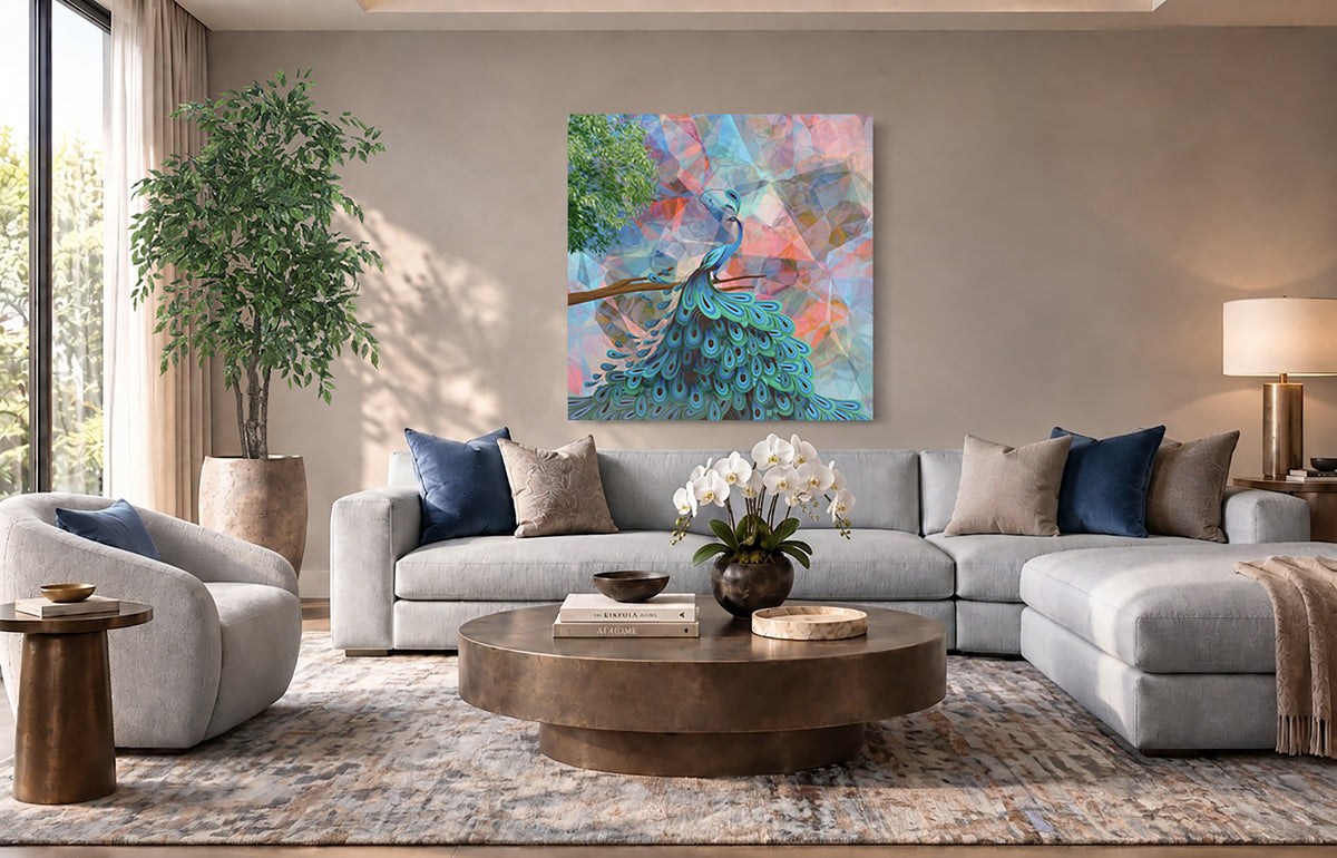 a modern living room with a large, colorful painting of a peacock on the wall. The room is furnished with a gray sofa, a round coffee table, and a wooden side table. The room is decorated with various plants, including a large potted plant and a smaller potted plant, as well as a vase with white flowers. The overall atmosphere of the room is bright and inviting, with a harmonious blend of colors and textures.