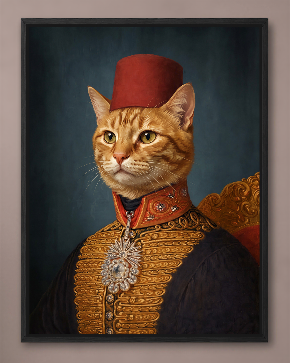 A portrait of a cat wearing a red fez hat and a gold and black military-style jacket, with a pendant and a serious expression on its face.