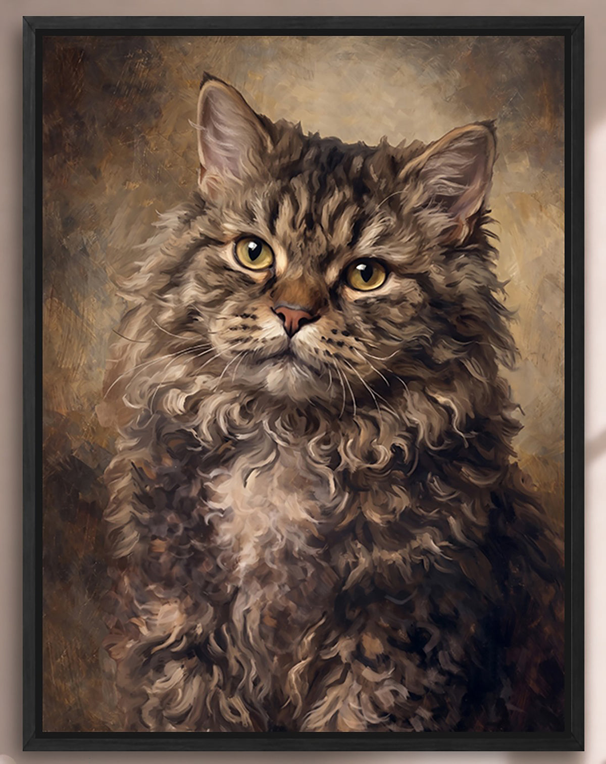 A close-up portrait of a fluffy gray cat with piercing yellow eyes, set against a textured brown background.