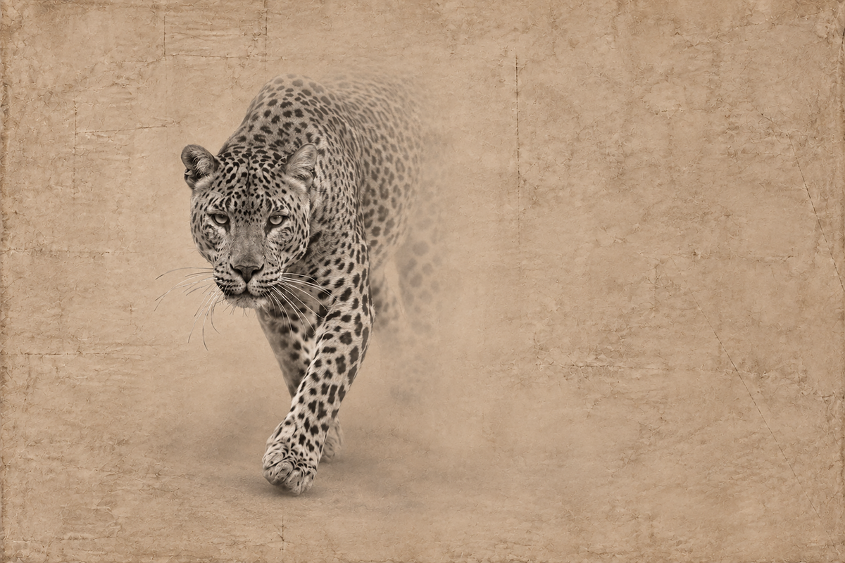 A leopard walking through a sandy terrain, with a blurred background.