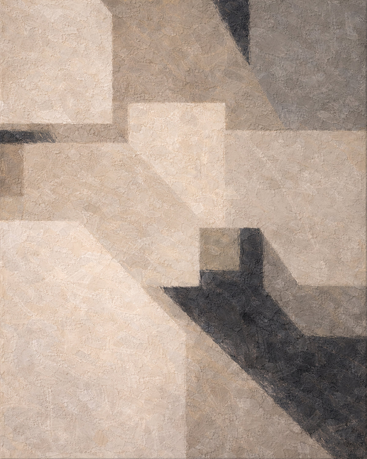 The image is an abstract painting featuring a geometric pattern of various shades of gray and beige.