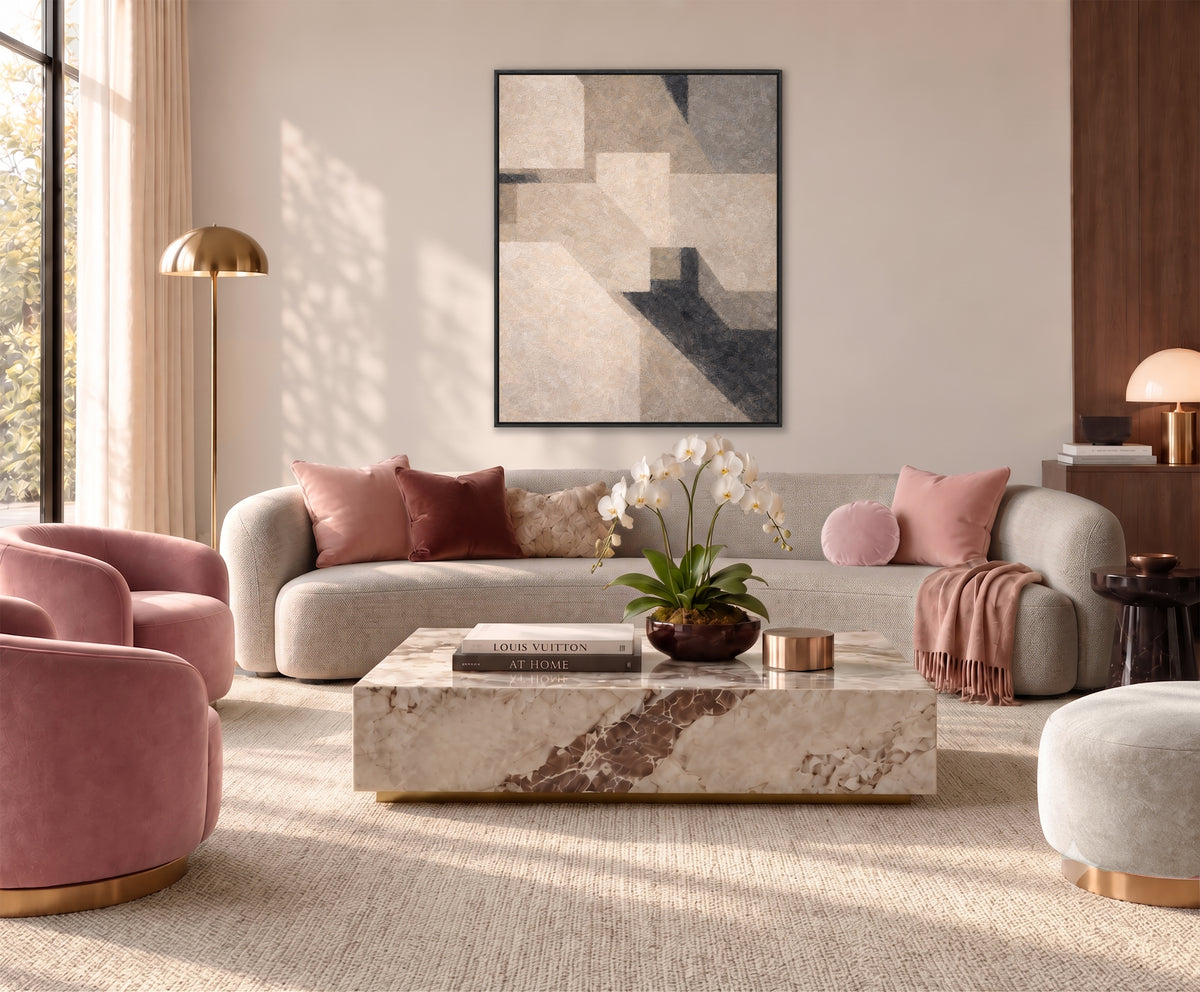 a modern and stylish living room with a large window, a gray sofa, a marble coffee table, and a large abstract painting on the wall.