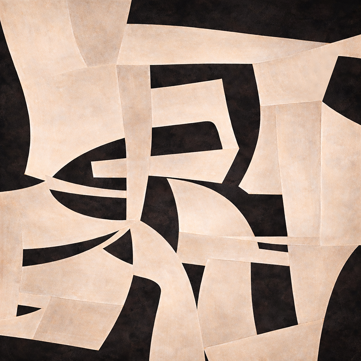 The image is an abstract art piece featuring a variety of geometric shapes and lines in shades of black, white, and beige.