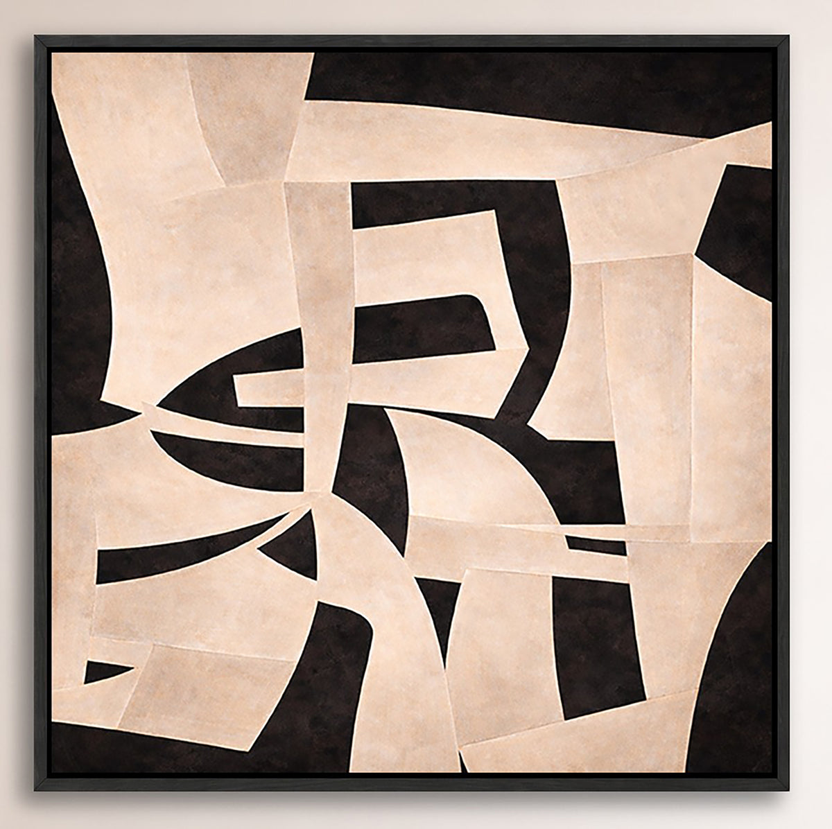 The image is a black and white abstract painting featuring various geometric shapes and lines in shades of black and beige.