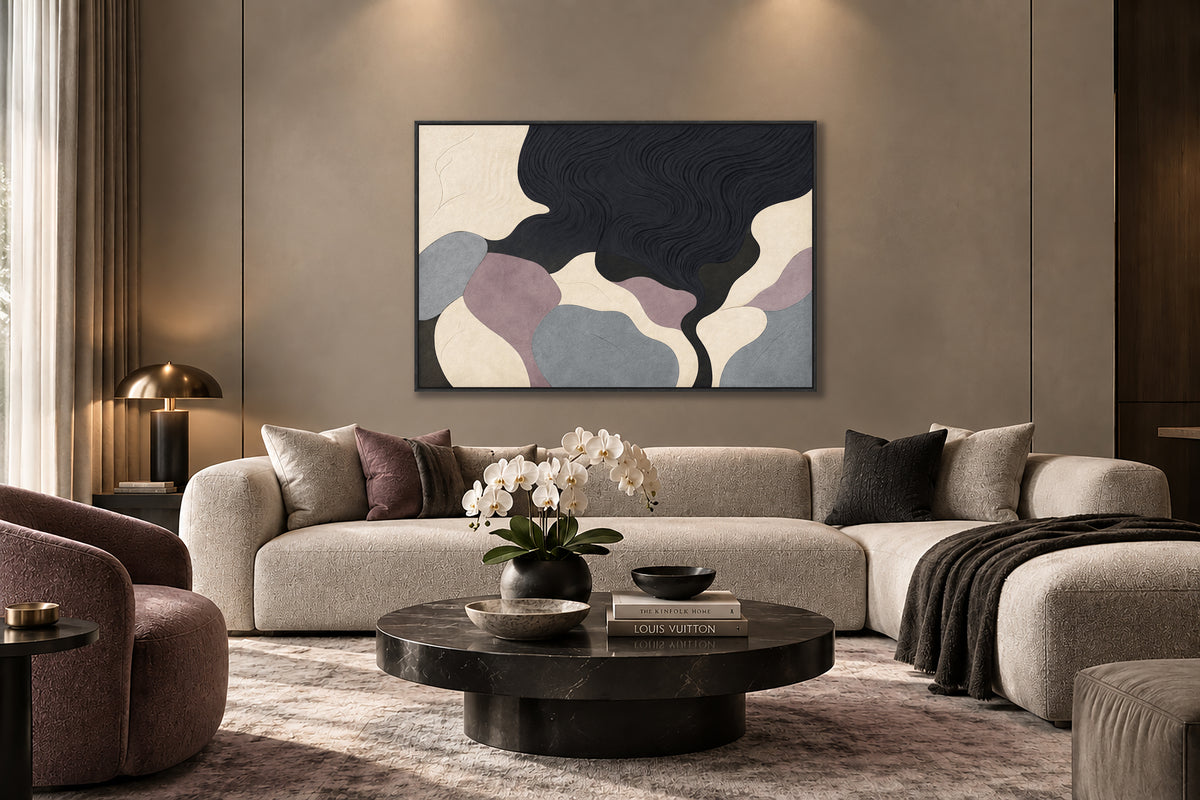 Blush, cream, grey and charcoal Wabi Sabi inspired textured abstract artwork with organic flowing forms
