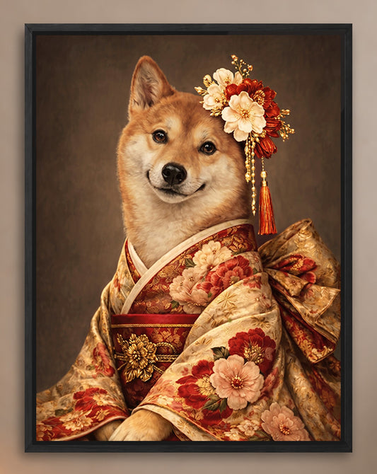A Shiba Inu dog wearing a traditional Japanese kimono with a floral headpiece and bow, smiling at the camera.