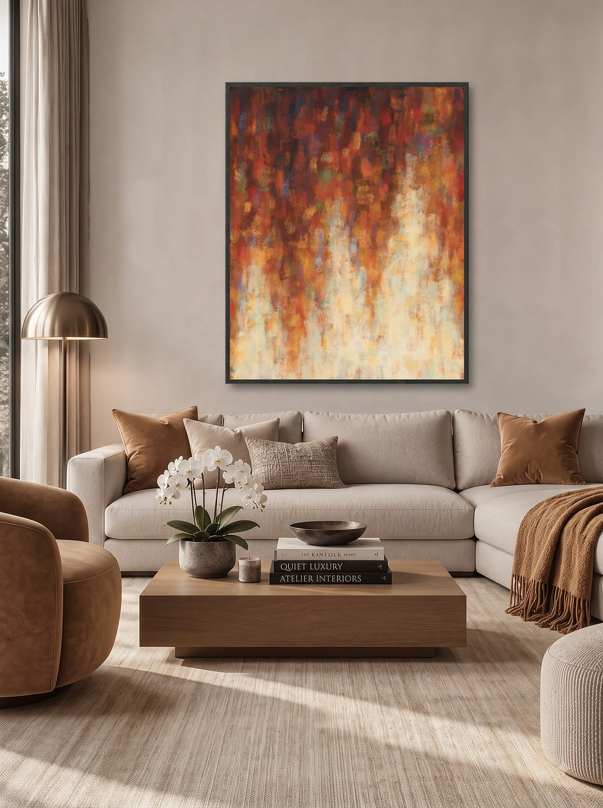 a modern living room with a large abstract painting on the wall, a wooden coffee table, a beige sofa, and a brown armchair.