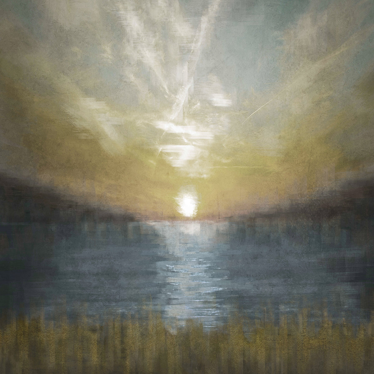 a serene sunset over a body of water, with the sun setting behind the horizon and casting a warm, golden glow across the sky.