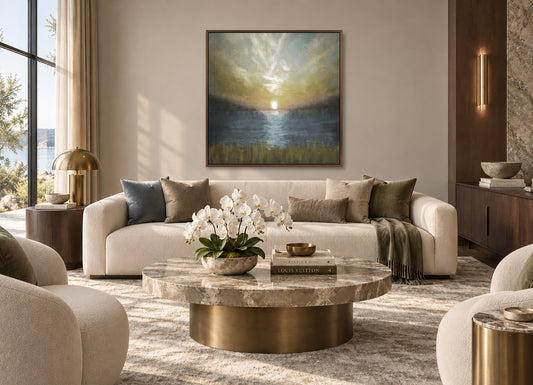 a modern living room with a large painting of a sunset on the wall, a round marble coffee table with a vase of white flowers, and a sofa with throw pillows.