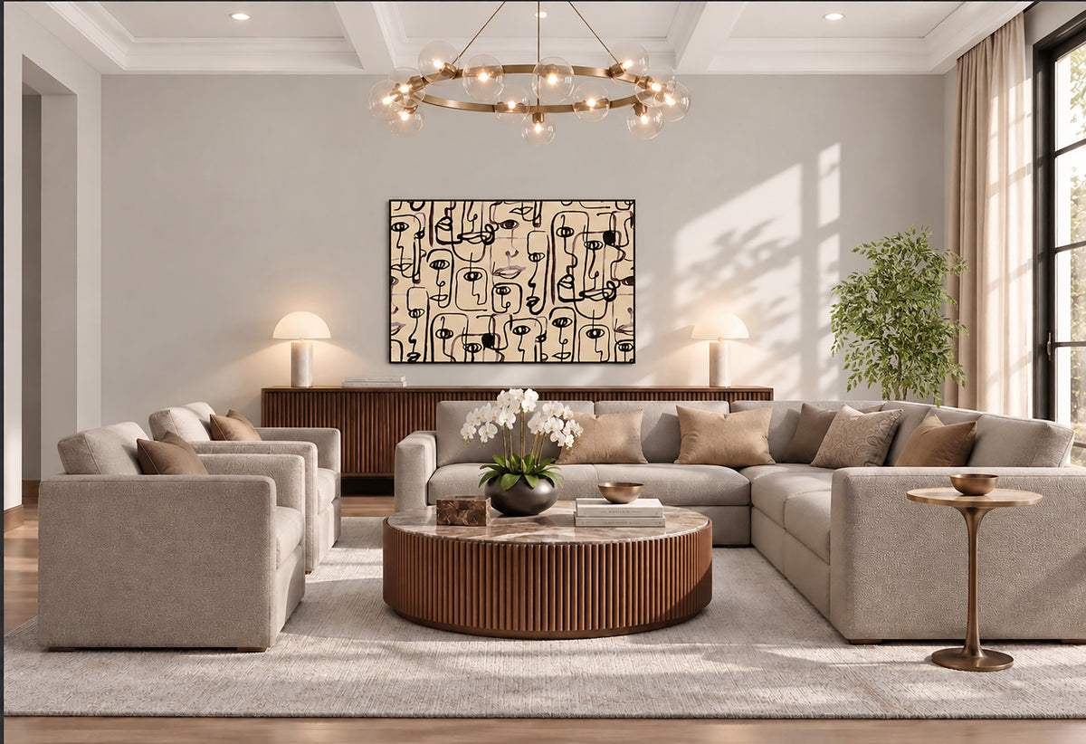 a modern and stylish living room with a large sectional sofa, a wooden coffee table, and a large abstract painting on the wall.