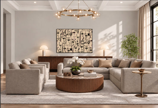 a modern and stylish living room with a large sectional sofa, a wooden coffee table, and a large abstract painting on the wall.