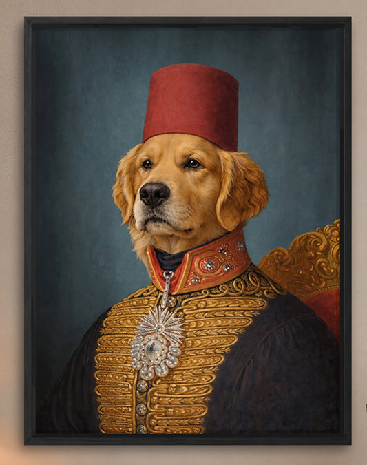 A golden retriever wearing a red fez hat and a gold and black military-style uniform, with a large, ornate necklace.