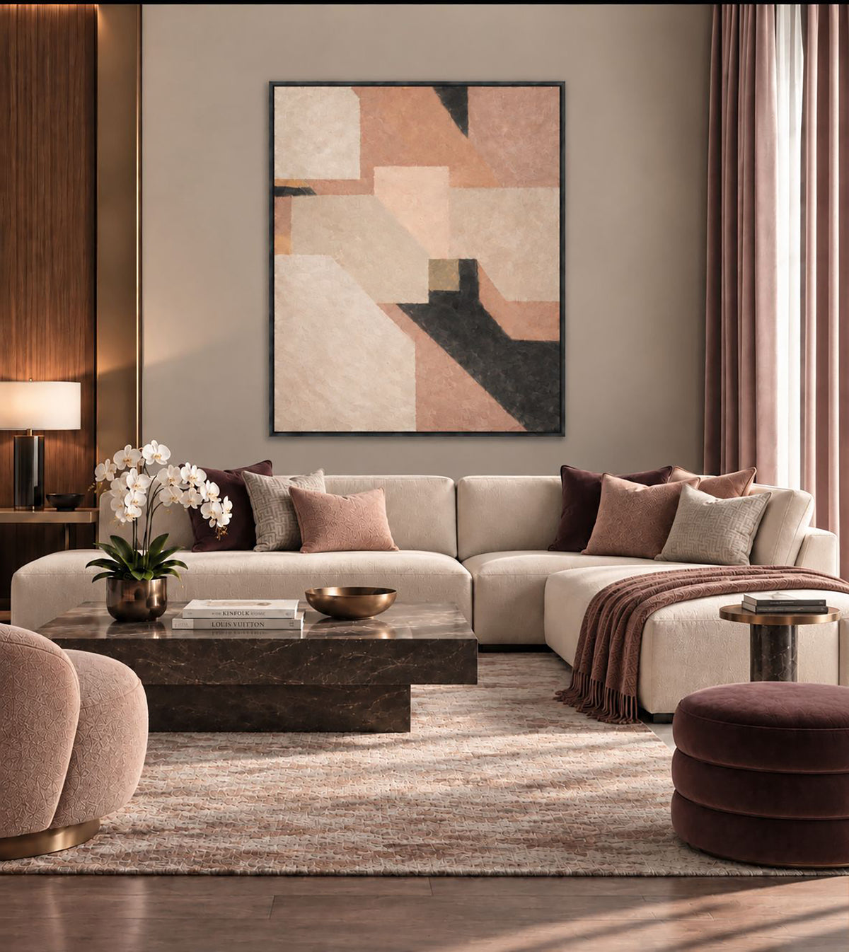 a modern living room with a large abstract painting on the wall, a beige sectional sofa, a wooden coffee table, and a plush red ottoman.