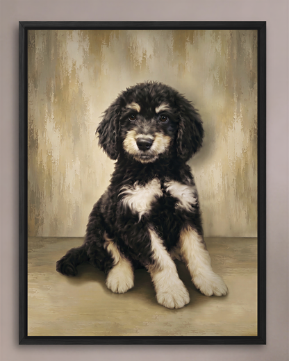 A black and white puppy sitting on a wooden floor against a textured beige background.
